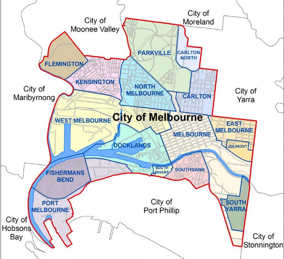 mapa de Melbourne i al voltant de suburbis